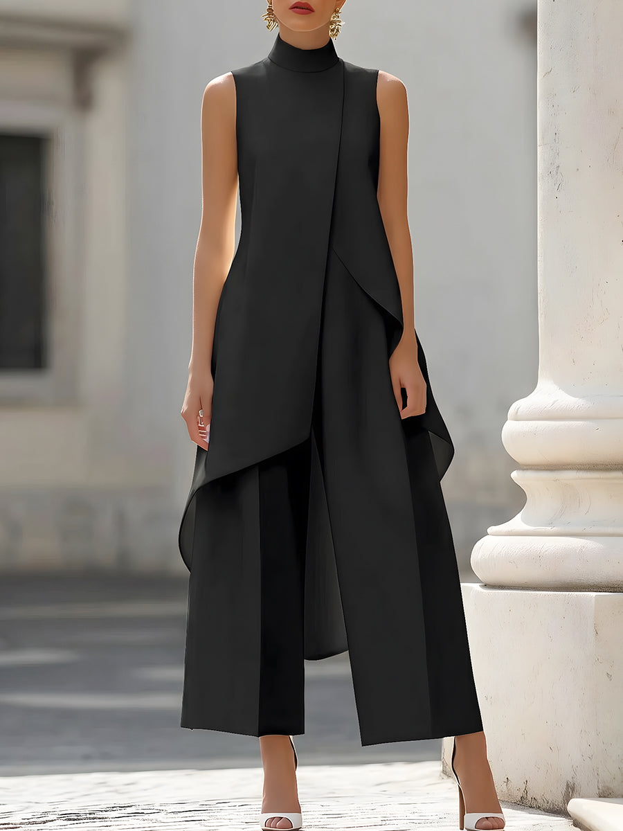 Martina | Damen Hochkragen-Top und Weitbein-Hosen Set