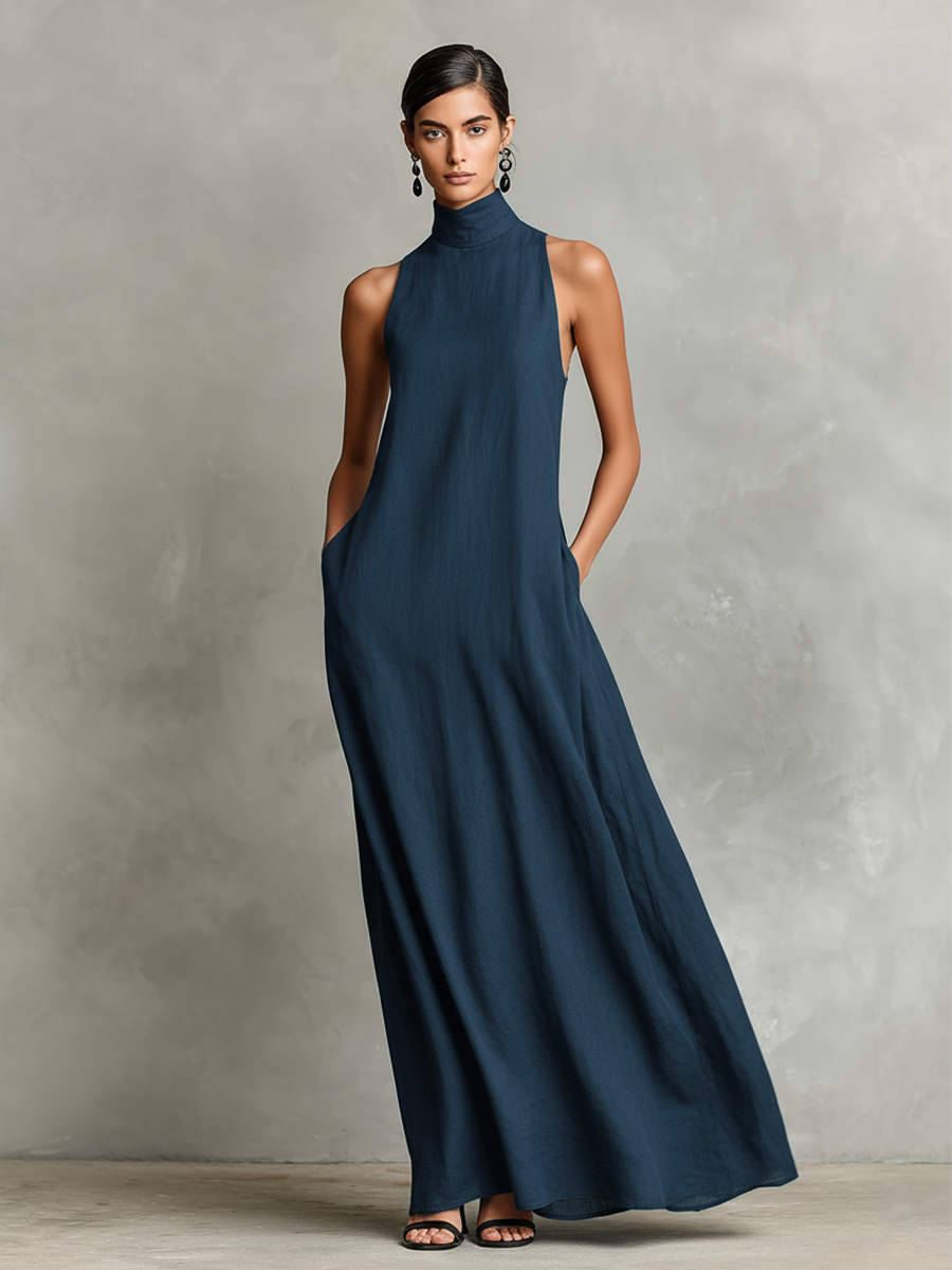 Schwarzes Damen-Maxikleid mit Stehkragen und Seitentaschen, zeitloses, minimalistisches Freizeitkleid