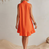Helles Orange Leinen Halb-Reißverschluss Mini-Kleid mit Rüschensaum und Stehkragen