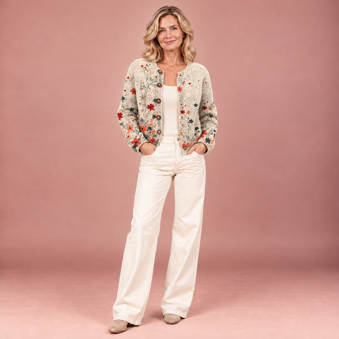 Vintage-Strickjacke mit floralem Kunstdruck und Knöpfen