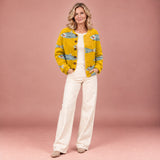 Vintage-Strickjacke mit Fisch- und Sardinen-Kunstdruck und Knöpfen