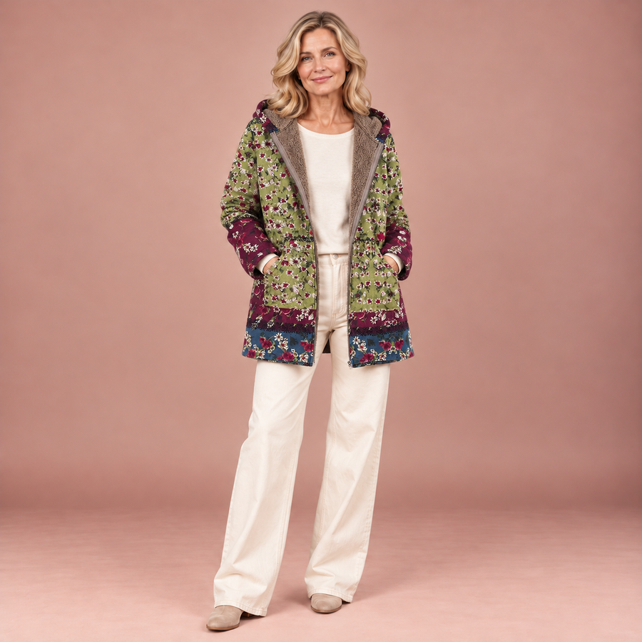 Willow – Grün-bordeauxrote Cottagecore-Jacke mit Blumenmuster
