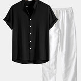 Herren Stehkragen Kurzarm Hemd & Hose mit Kordelzug Set
