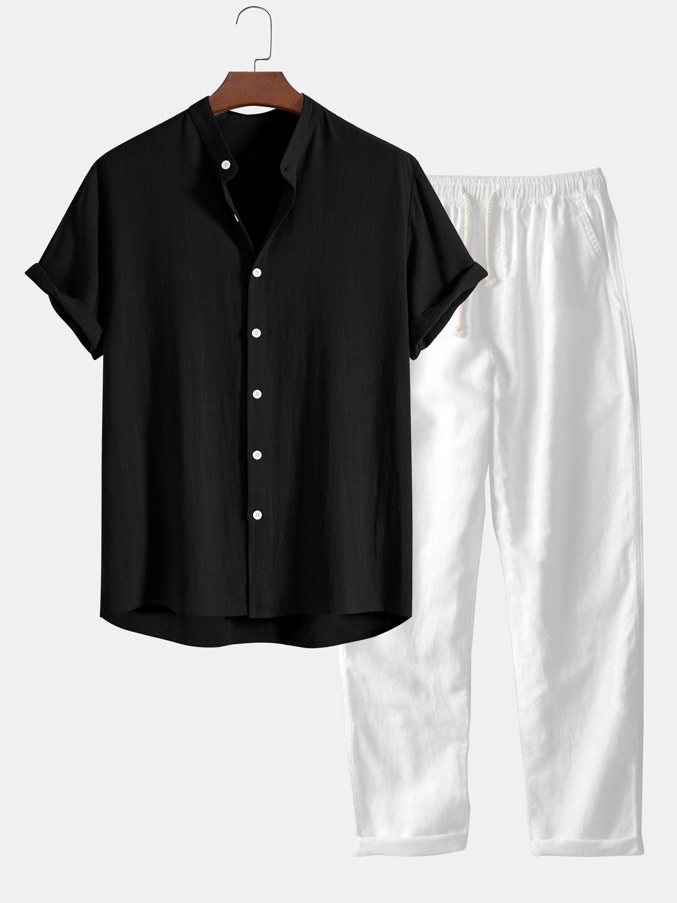 Herren Stehkragen Kurzarm Hemd & Hose mit Kordelzug Set