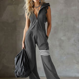 Retro-inspirierter schwarzer ärmelloser Kapuzen-Jumpsuit mit sportlichen Spitzenstreifen