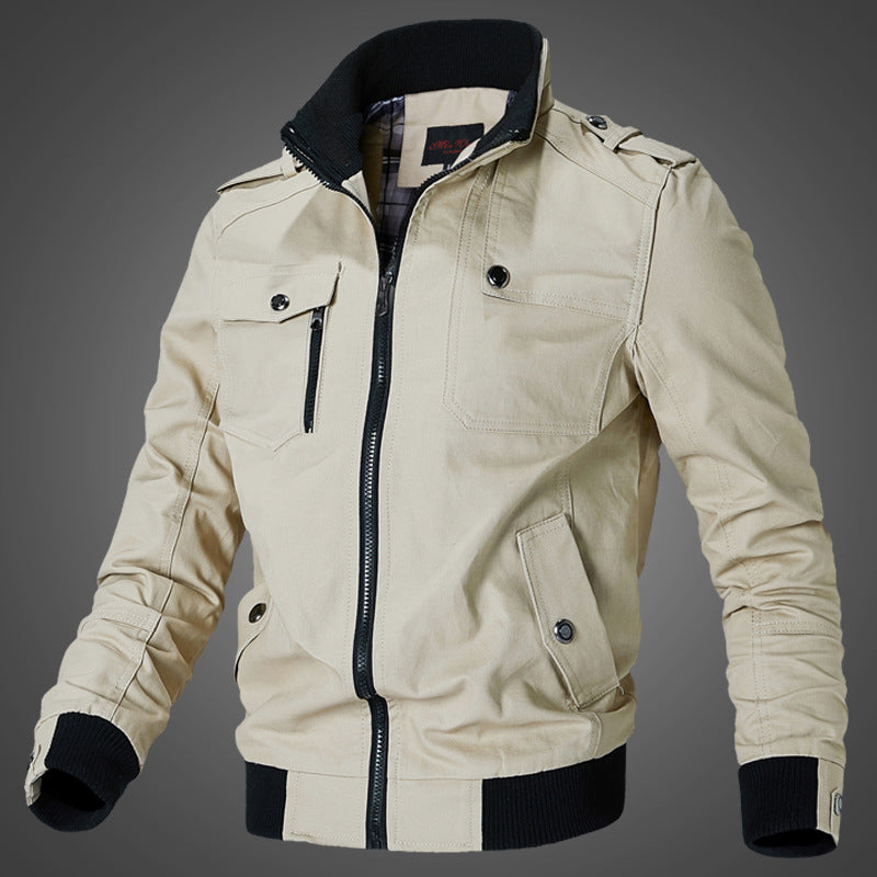 Herren Canvas-Bomberjacke mit Schulterklappen und Front-Reißverschluss