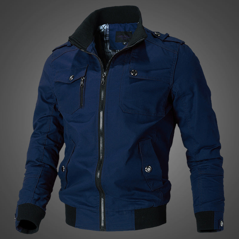 Herren Canvas-Bomberjacke mit Schulterklappen und Front-Reißverschluss