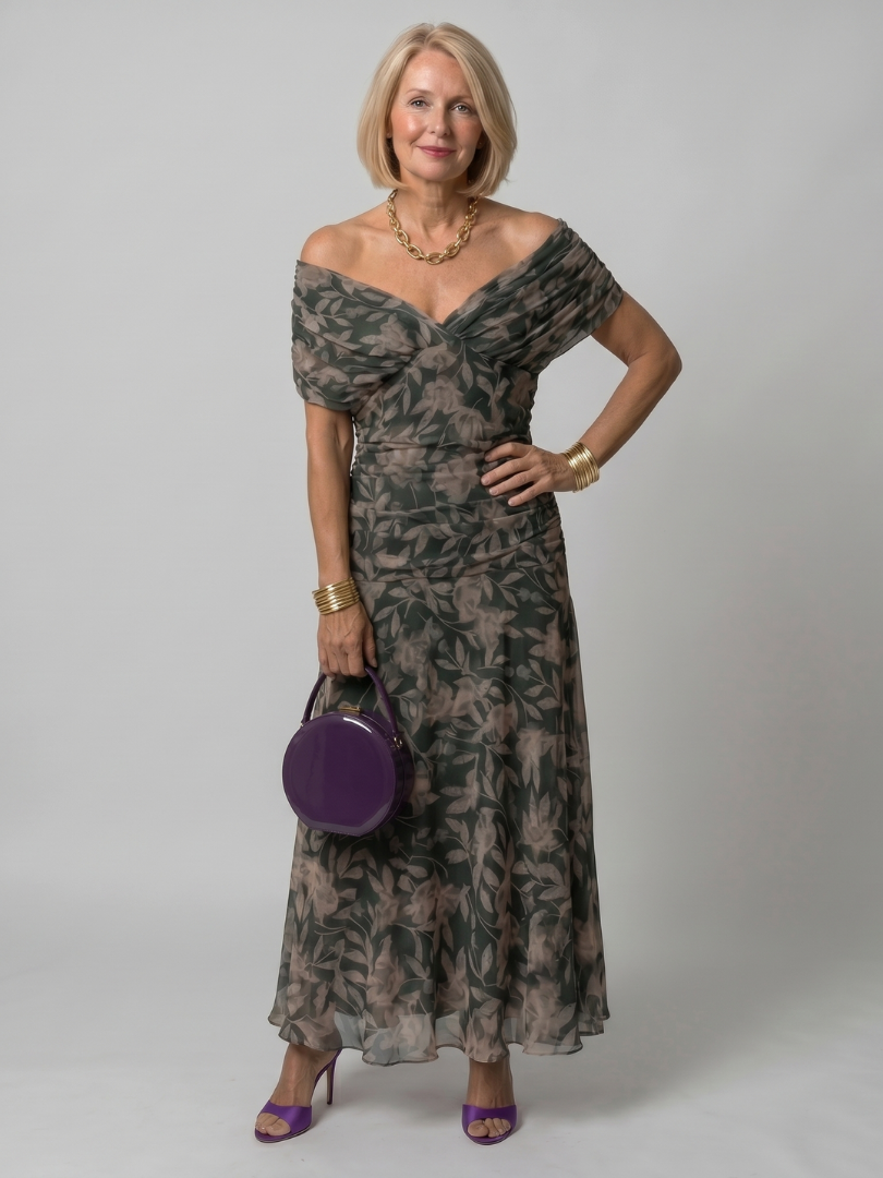 Calen | Elegantes Off-Shoulder-Midi-Kleid mit fließendem Design
