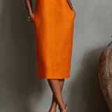 Orangefarbenes Etuikleid für Damen mit ärmellosem Rundhalsausschnitt und Seitentaschen, zeitlos minimalistisch-eleganter Stil