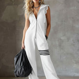 Retro-inspirierter schwarzer ärmelloser Kapuzen-Jumpsuit mit sportlichen Spitzenstreifen