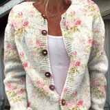 Frische Pinke Blumen und Grüne Blätter Druck | Knopf-Cardigan Pullover