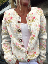 Frische Pinke Blumen und Grüne Blätter Druck | Knopf-Cardigan Pullover