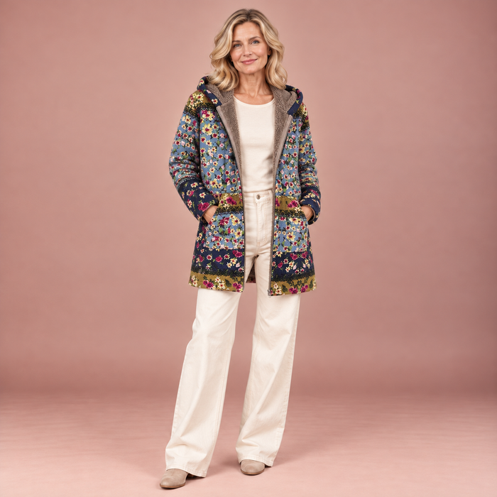 Elena – Boho-Sherpa-Kapuzenpullover mit Blumenmuster