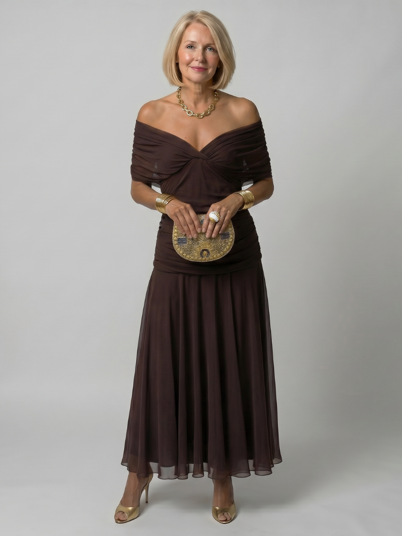 Calen | Elegantes Off-Shoulder-Midi-Kleid mit fließendem Design