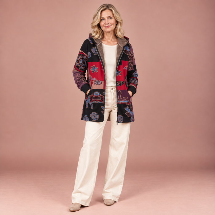 Marina – Boho-Patchwork-Kapuzenmantel mit abstraktem Muster