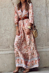Rocio® | Bohemian Floral V-Ausschnitt A-Linien Kleid mit Gürtel