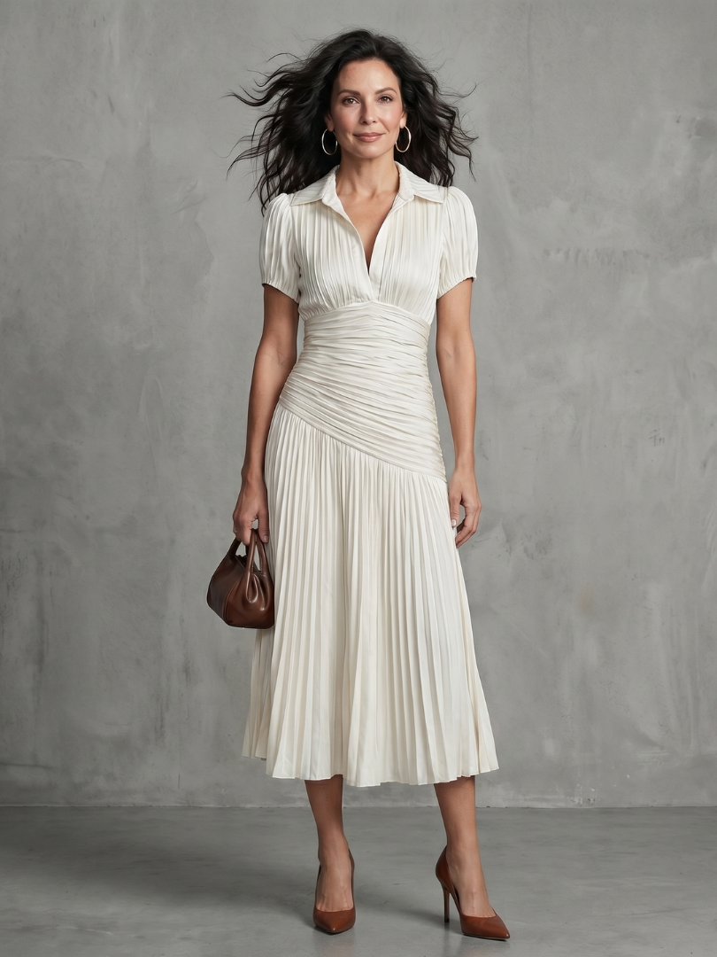 Theodora | Plissierter Taillenstreifen Midi-Kleid