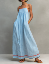 Minimalistisches, gestreiftes Maxikleid für Damen mit roten Akzenten und Spaghettiträgern
