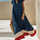Damen Maxikleid mit V-Ausschnitt und kurzen Ärmeln