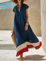 Damen Maxikleid mit V-Ausschnitt und kurzen Ärmeln