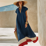 Damen Maxikleid mit V-Ausschnitt und kurzen Ärmeln