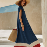 Damen Maxikleid mit V-Ausschnitt und kurzen Ärmeln