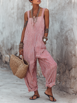Minimalistischer, gestreifter, lockerer Jumpsuit für Damen mit eckigem Ausschnitt, ärmellos