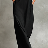 Schwarzes Damen-Maxikleid mit Stehkragen und Seitentaschen, zeitloses, minimalistisches Freizeitkleid