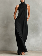Schwarzes Damen-Maxikleid mit Stehkragen und Seitentaschen, zeitloses, minimalistisches Freizeitkleid