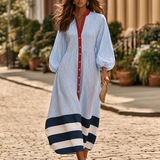 Damen Midi-Kleid mit Stehkragen, langen Ärmeln und Streifen mit Knöpfen