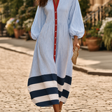 Damen Midi-Kleid mit Stehkragen, langen Ärmeln und Streifen mit Knöpfen