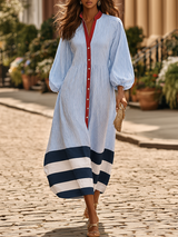 Damen Midi-Kleid mit Stehkragen, langen Ärmeln und Streifen mit Knöpfen