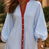 Damen Midi-Kleid mit Stehkragen, langen Ärmeln und Streifen mit Knöpfen
