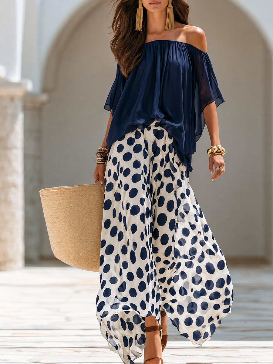 Damen Polka Dot Set mit kurzen Ärmeln und Taschen