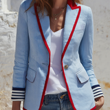 Gestreifter Damen-Blazer mit langen Ärmeln, Taschen und Knöpfen