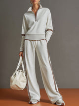 Vintage-inspirierter grauer und weißer Halbzip-Sweatshirt mit weitem Hosen-Set