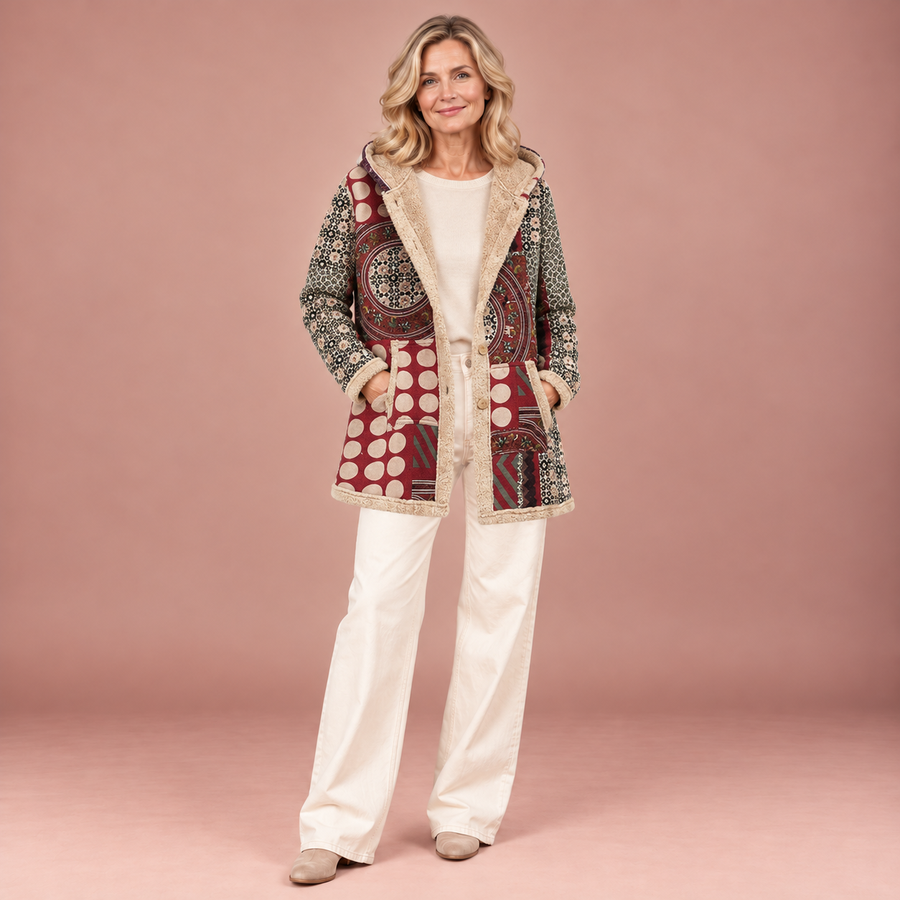 Scarlet – Bordeauxroter Sherpa-Mantel mit geometrischem Muster