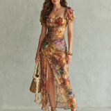 Ciel | Rüschensleeve Raffung Schlitz Midi Kleid