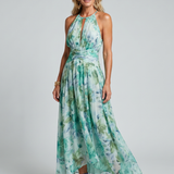 Portia | Plissiertes Halfter Kleid mit weichem Blumenmuster in Midi-Länge