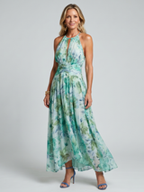 Portia | Plissiertes Halfter Kleid mit weichem Blumenmuster in Midi-Länge