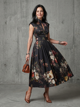 Greta | Hochgeschlossenes Schlüsselloch Blumen Falten Midi Kleid