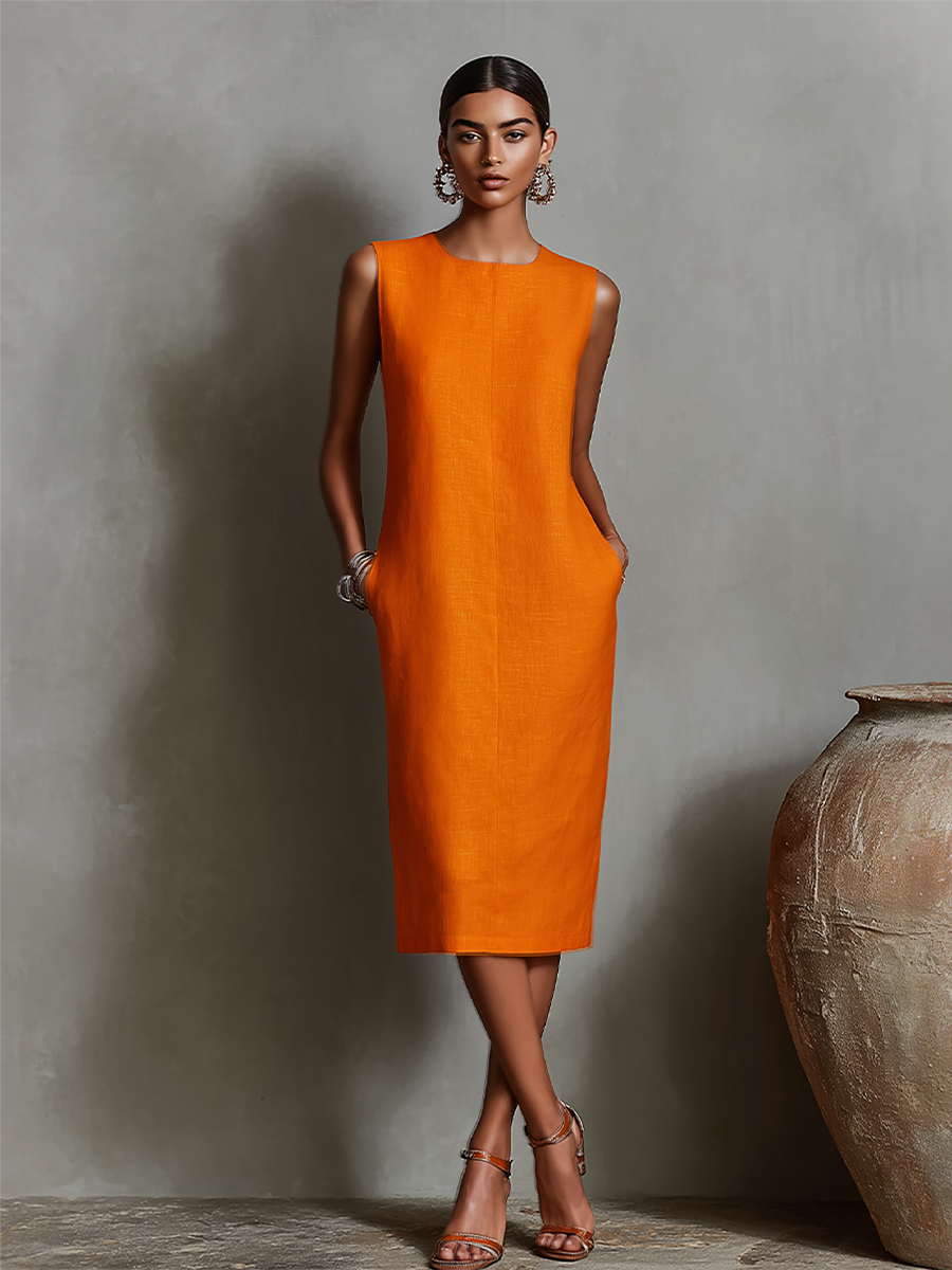 Orangefarbenes Etuikleid für Damen mit ärmellosem Rundhalsausschnitt und Seitentaschen, zeitlos minimalistisch-eleganter Stil