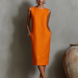 Orangefarbenes Etuikleid für Damen mit ärmellosem Rundhalsausschnitt und Seitentaschen, zeitlos minimalistisch-eleganter Stil
