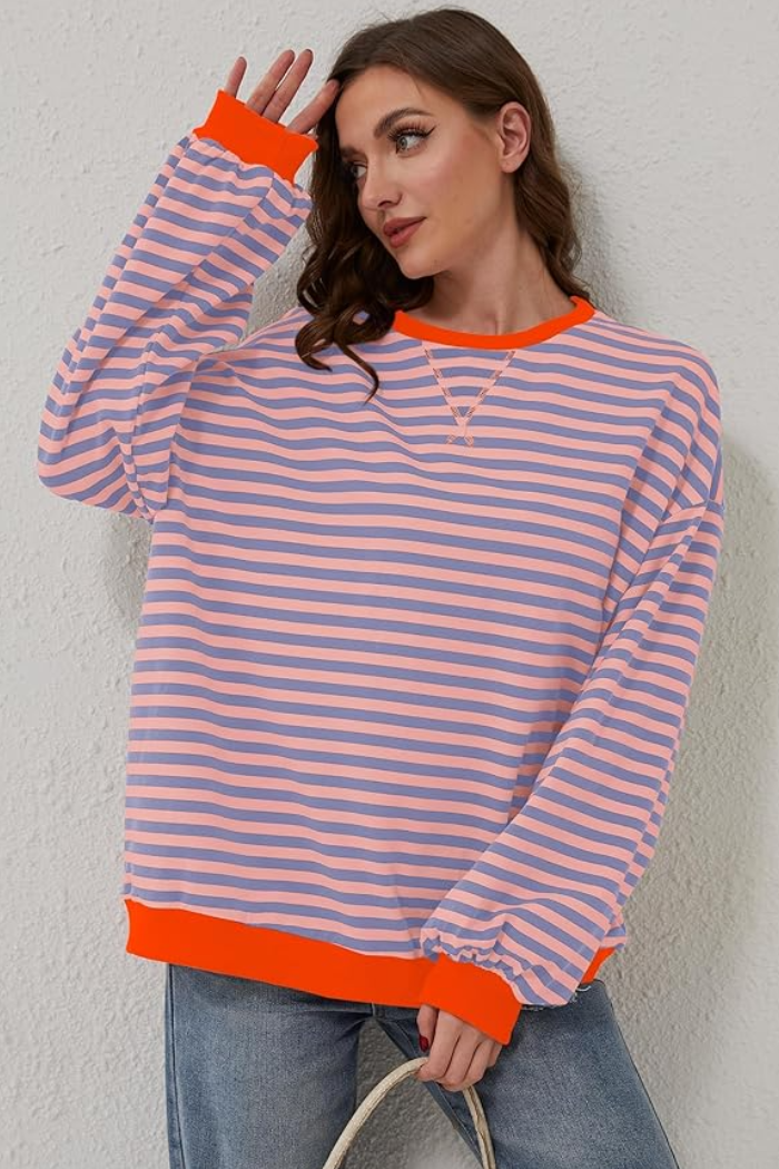 Amelia | Damen übergroß Gestreifter Pullover mit langen Ärmeln