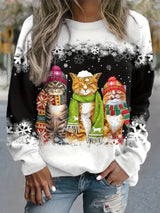 Nele - Warmes Winter Top Mit Schneekatzen Print