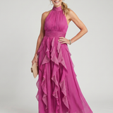 Orea | Maxikleid mit hohem Kragen und gerafften Rüschenschichten