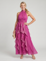 Orea | Maxikleid mit hohem Kragen und gerafften Rüschenschichten