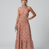 Amira | Geometrischer Print Cutout Midi-Kleid mit Kreuzträger