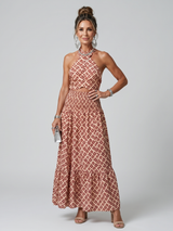 Amira | Geometrischer Print Cutout Midi-Kleid mit Kreuzträger