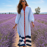 Damen Midi-Kleid mit Stehkragen, langen Ärmeln und Streifen mit Knöpfen